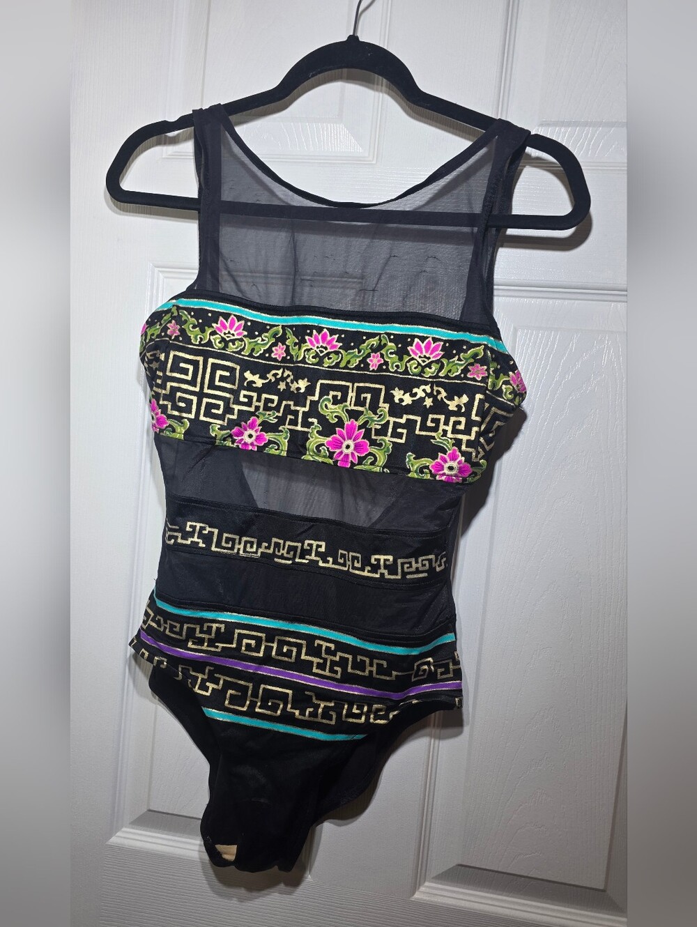 Catalina Vintage One Piece Swimsuit Black Mesh Floral Size 12 Made in USA - Picture 2 of 7